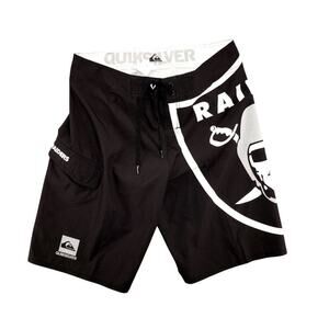 Quiksilver x Raiders Board Shorts Size 32 Black NFL Collab Swim Trunks